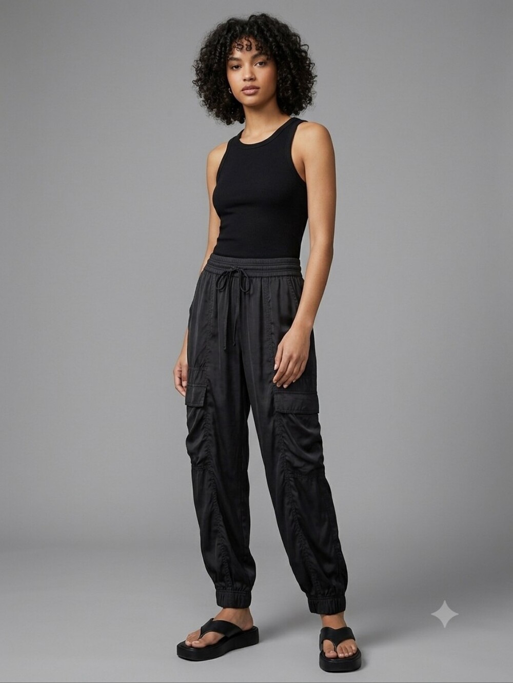 NWOT Aerie Black Satin Ruched Cargo Joggers Medium 100% Viscose Streetwear